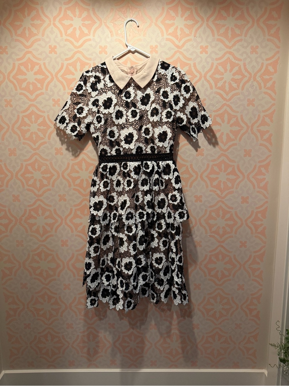 Just Me Black and White Floral Lace Midi Dress with Cream Collar